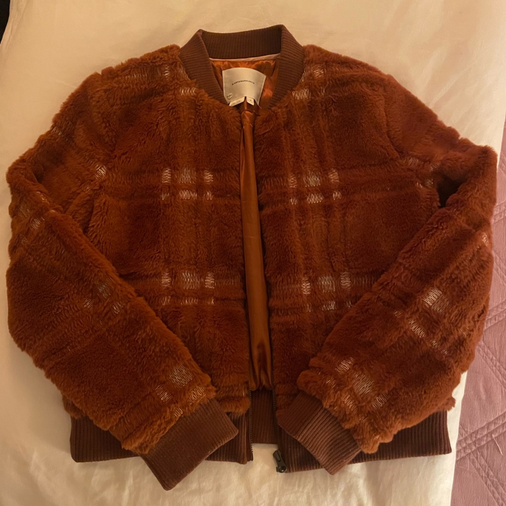 Anthropologie Rust Brown Sherpa Bomber Jacket - size Small